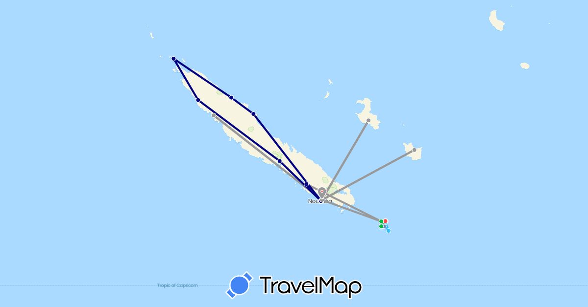 TravelMap itinerary: driving, bus, plane, cycling, hiking, boat in New Caledonia (Oceania)